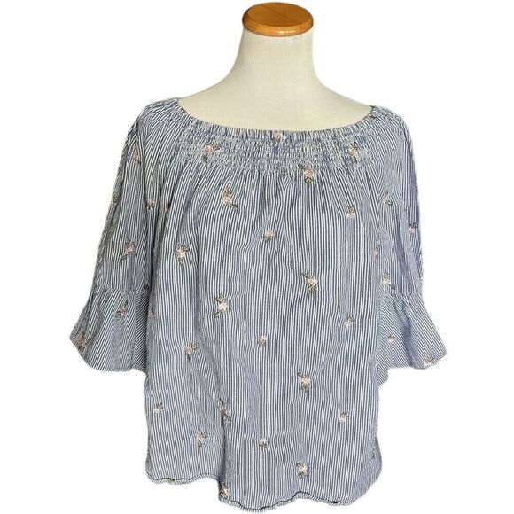 Womens Westport Chambray Striped Floral Embroidered  Off Shoulder  Top - Sz 1X - Picture 1 of 3